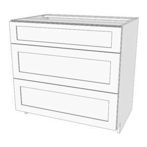 Base cabinet  with 3 drawers: 1 short (7"h) top drawer and 2 large (12"h): 30 1/4" to 36" wide, 34 3/4" high, 23 5/8" deep. Bottom 2 drawers have heavy duty glides.