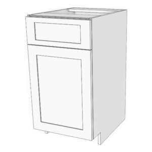 Garbage base cabinet has short top drawer with double bin waste/recycle pull-out. 18" wide, 34 3/4" high, 23 5/8" deep