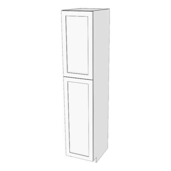 Tall cabinet with two doors: 6" to 24" wide, 90" high, 23 5/8" deep. Designed to install beside fridge: Top door height matches door height above fridge. Fixed shelf where doors meet. 6 adjustable shelves. *Double shaker door will be flat slab if 7" or less