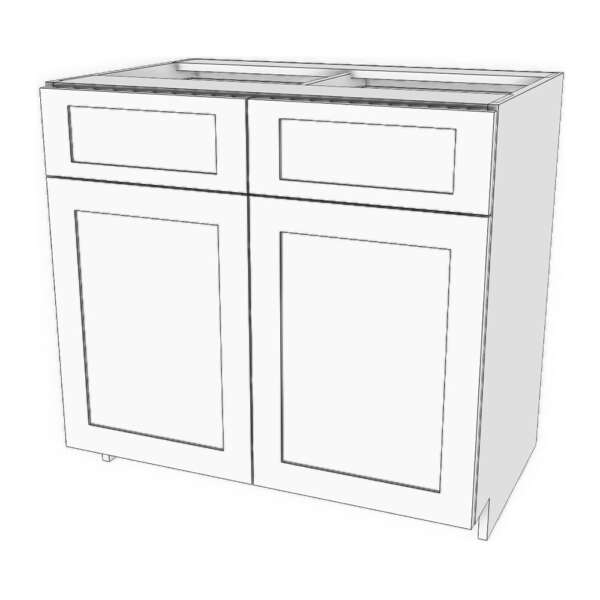 Base cabinet with 2 half width top drawers and bottom doors: 27 1/4" to 36" wide, 34 3/4" high, 23 5/8" deep. 1 adjustable shelf.